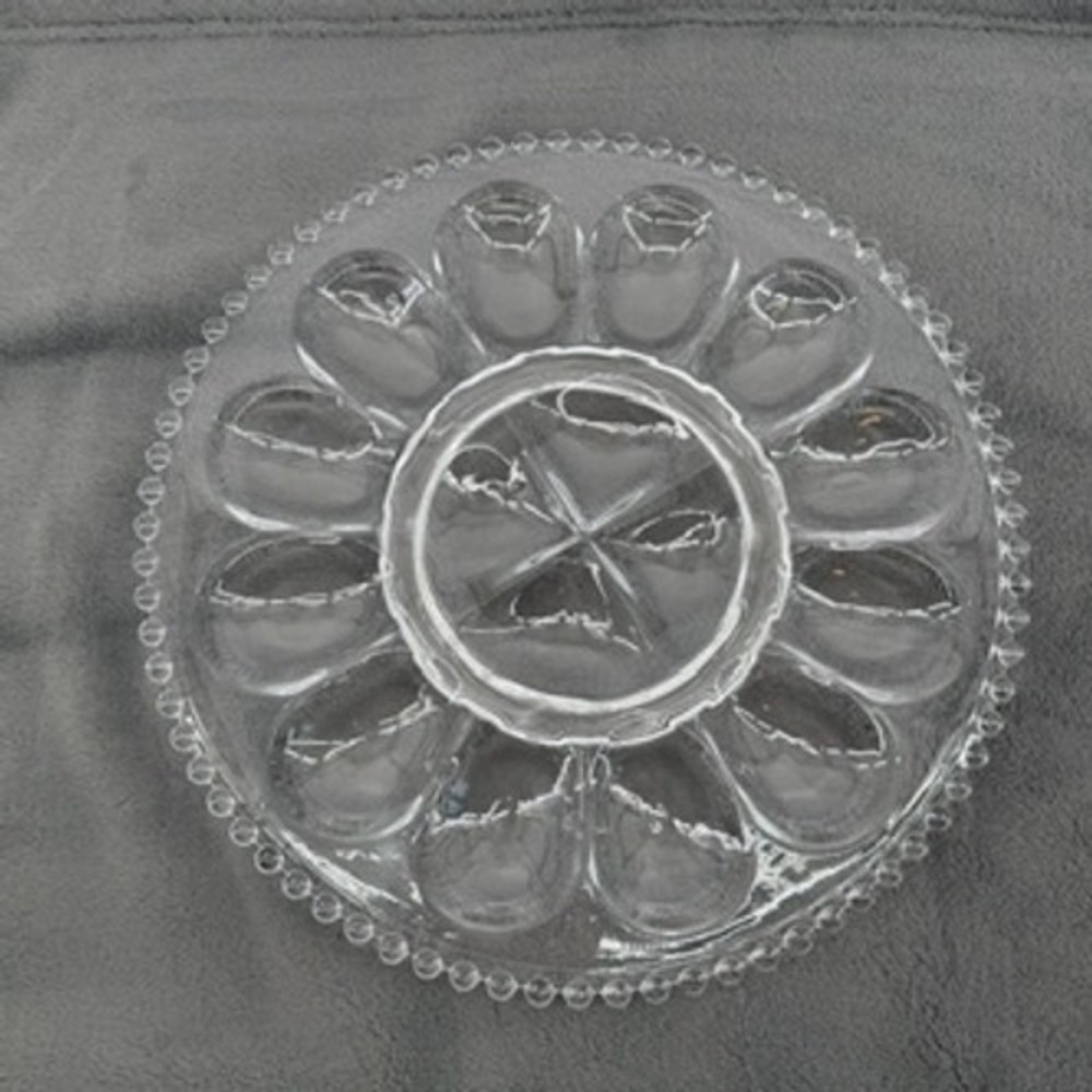 Vintage Clear Glass Deviled Egg Platter Beaded Rim 12 Slot Round Server 13 inch